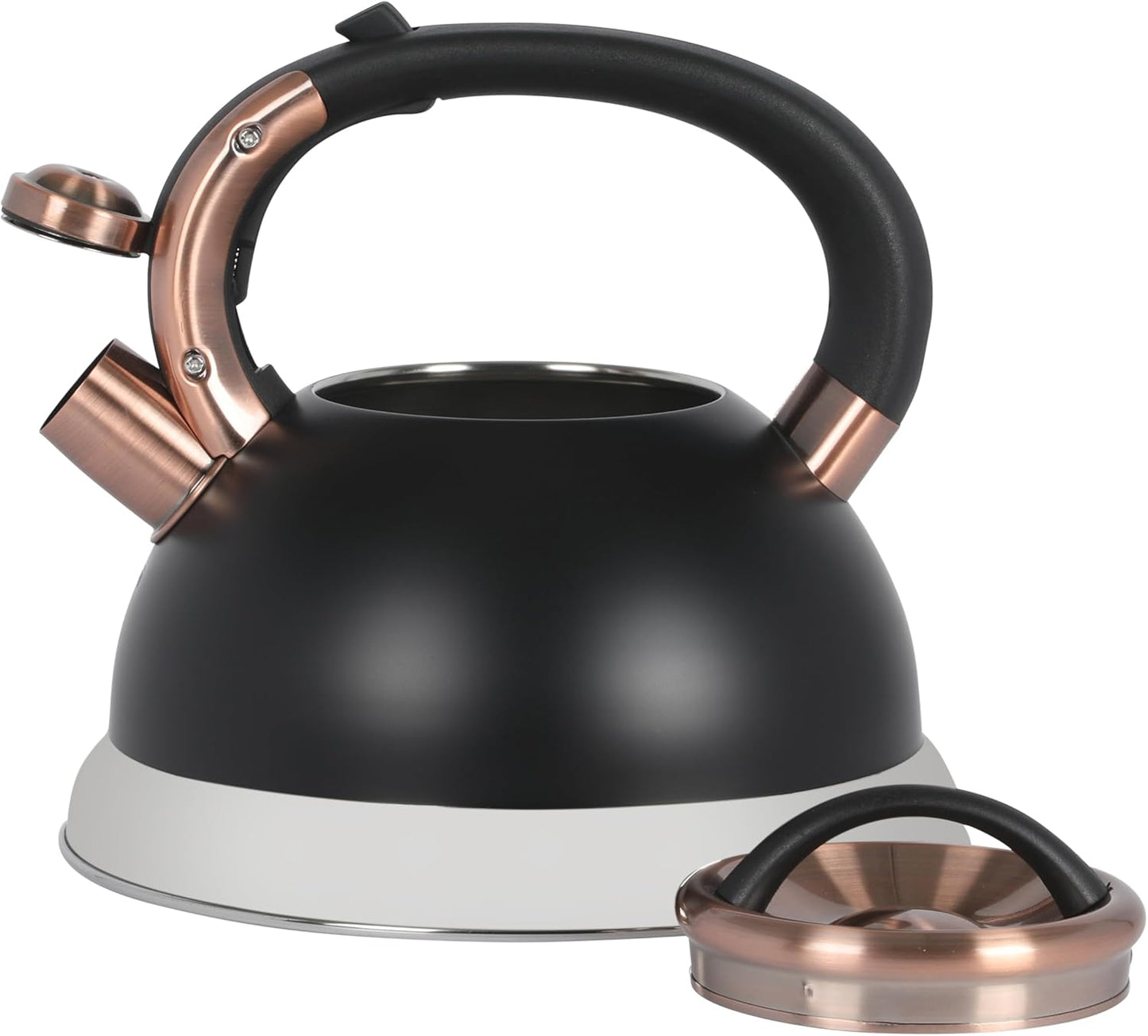 Mr. Coffee Flintshire 2.2 Quart Large Whistling Stainless Steel Tea Kettle, Matte Black with Copper Accent, Stovetop Fast-Boil Tea Pot