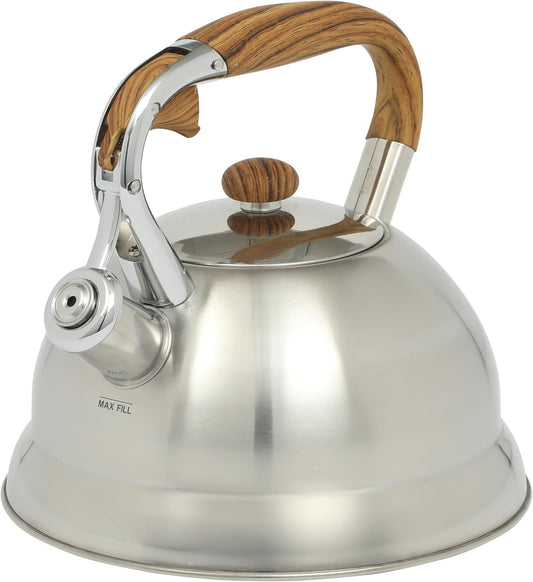 Mr. Coffee Woodmont 2-Quart Stainless Steel Tea Kettle With Wood Handle, Stovetop Whistling Kettle, Durable Fast-Boil Tea Pot