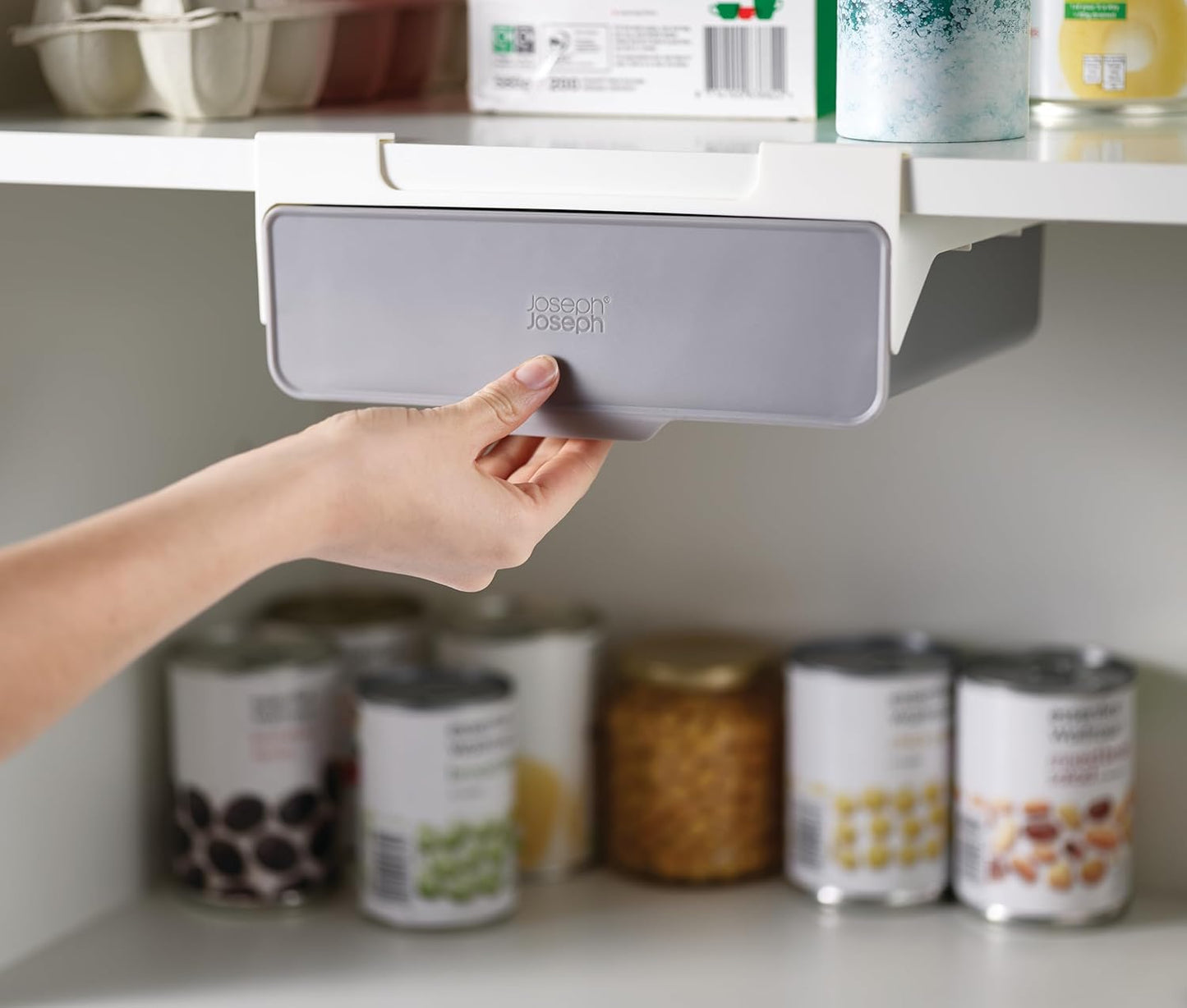 Joseph Joseph CupboardStore Under Shelf Drawer Kitchen Cabinet Storage Organizer, Space Saving, Gray/ White