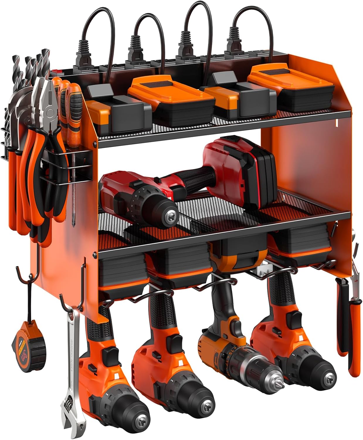CCCEI Modular Power Tool Organizer Wall Mount with Charging Station. Garage Drill Storage Shelf with Hooks, Heavy Duty Rack, Tool Battery Holder Built in 8 Outlet. Gift for Men. Orange, 2 Pack.