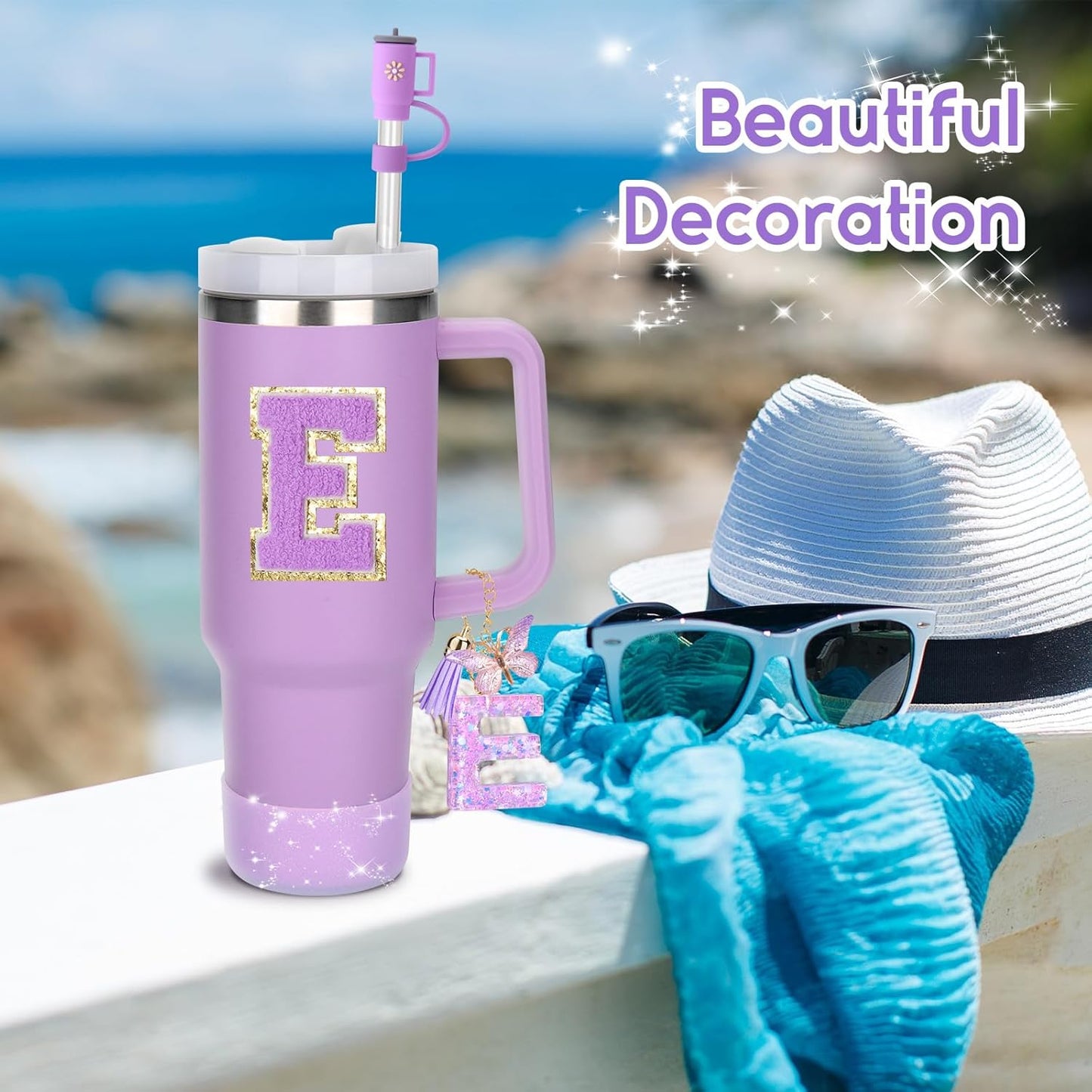 Mity rain 6PCS Cup Accessories Set for Stanley Cup 30oz 40oz tumbler with handle, Including Silicone Straw Topper Cover Cap and Boot, Spill Proof Stopper, Handle Charm, Initials Sticker (Letter E)