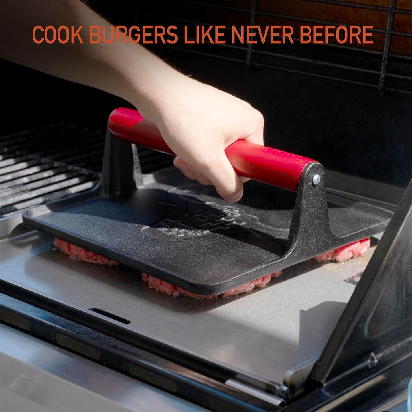 The Beef Master Cast Iron Grill Press - XL Burger Press, Pre-Seasoned Griddle Press, Heavy Duty Meat Press for Bacon, Burgers, and Steak with Cool Touch Handle - 10”x10”x4”