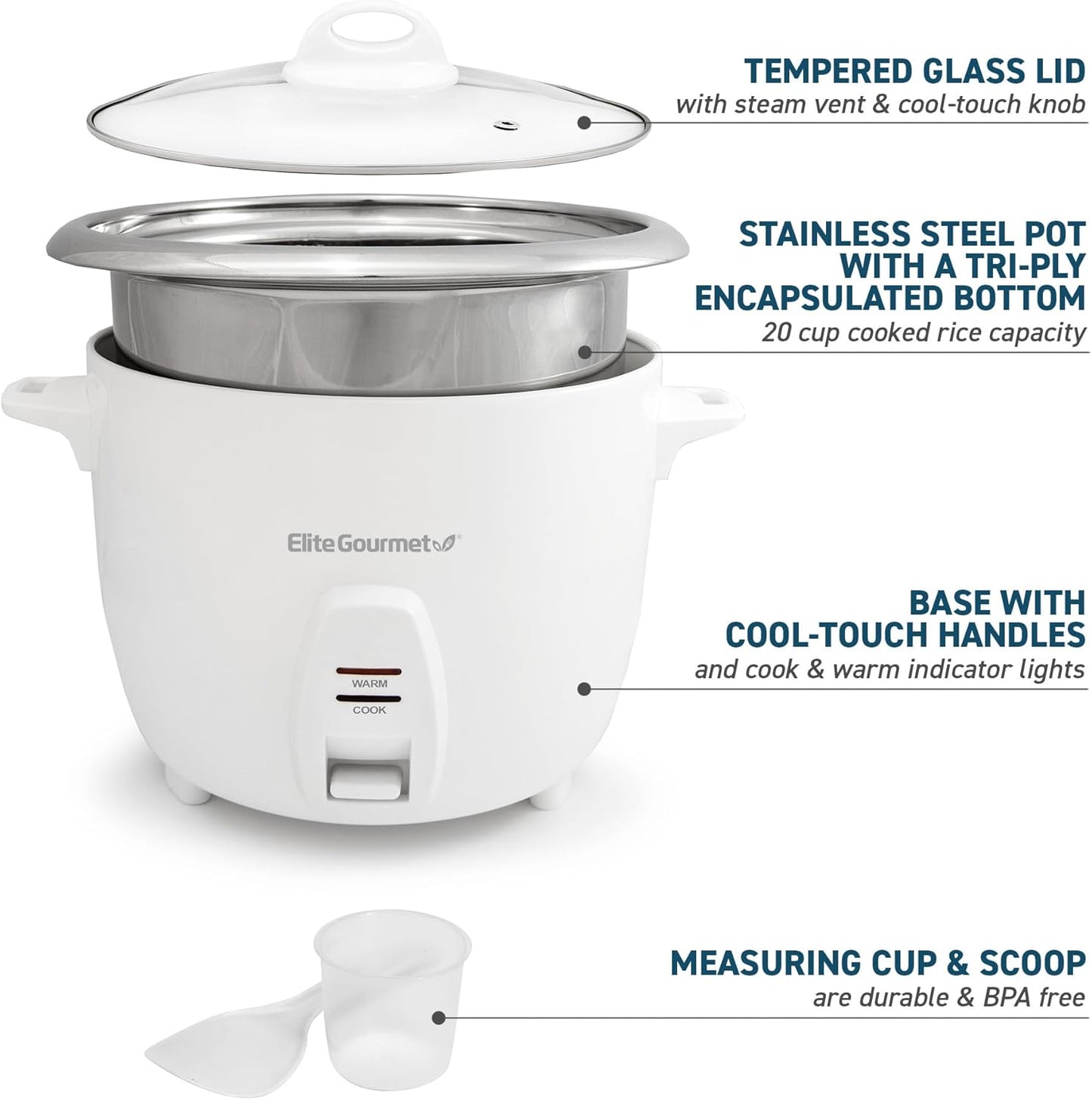 Elite Gourmet ERC-2020 Electric Rice Cooker with Stainless Steel Inner Pot Makes Soups, Stews, Grains, Cereals, Keep Warm Feature, 20 Cups Cooked (10 Cups Uncooked), White
