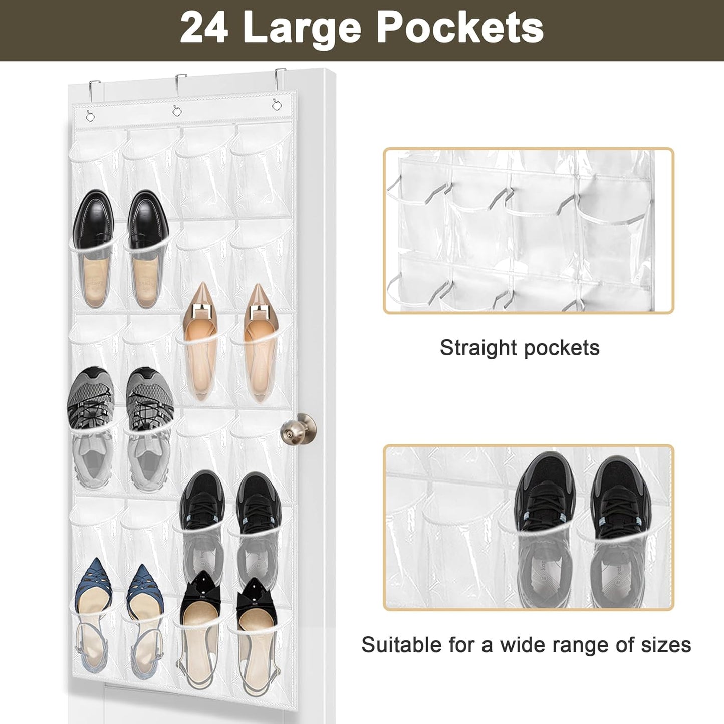 Over The Door Shoe Organizer with 24 Clear Pockets and Metal Hooks – Heavy Duty Hanging Shoe Storage Rack for Closet, Bathroom, Dorm – Space Saving Organizer for Shoes, Accessories, Toys (White)