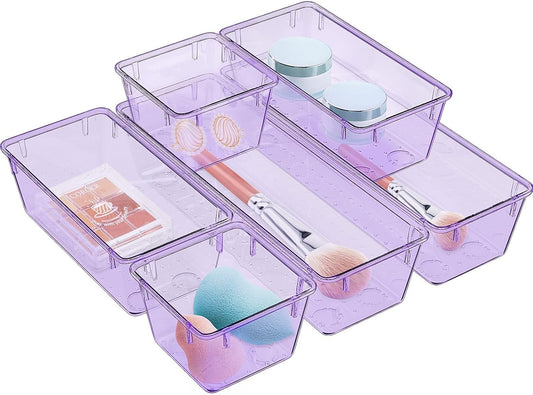 WOWBOX 6 Pack Clear Drawer Organizer Set, Acrylic Drawer Storage Trays, Storage Bins for Makeup, Cosmetics, Jewelries, Utensils, Gadgets, Office, Purple