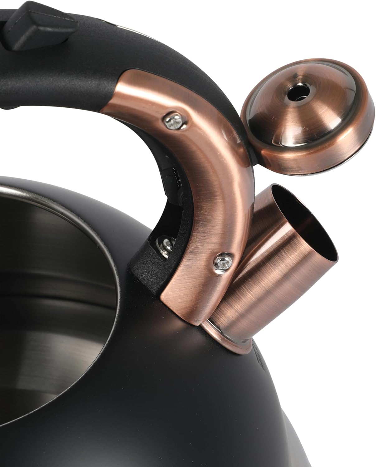 Mr. Coffee Flintshire 2.2 Quart Large Whistling Stainless Steel Tea Kettle, Matte Black with Copper Accent, Stovetop Fast-Boil Tea Pot