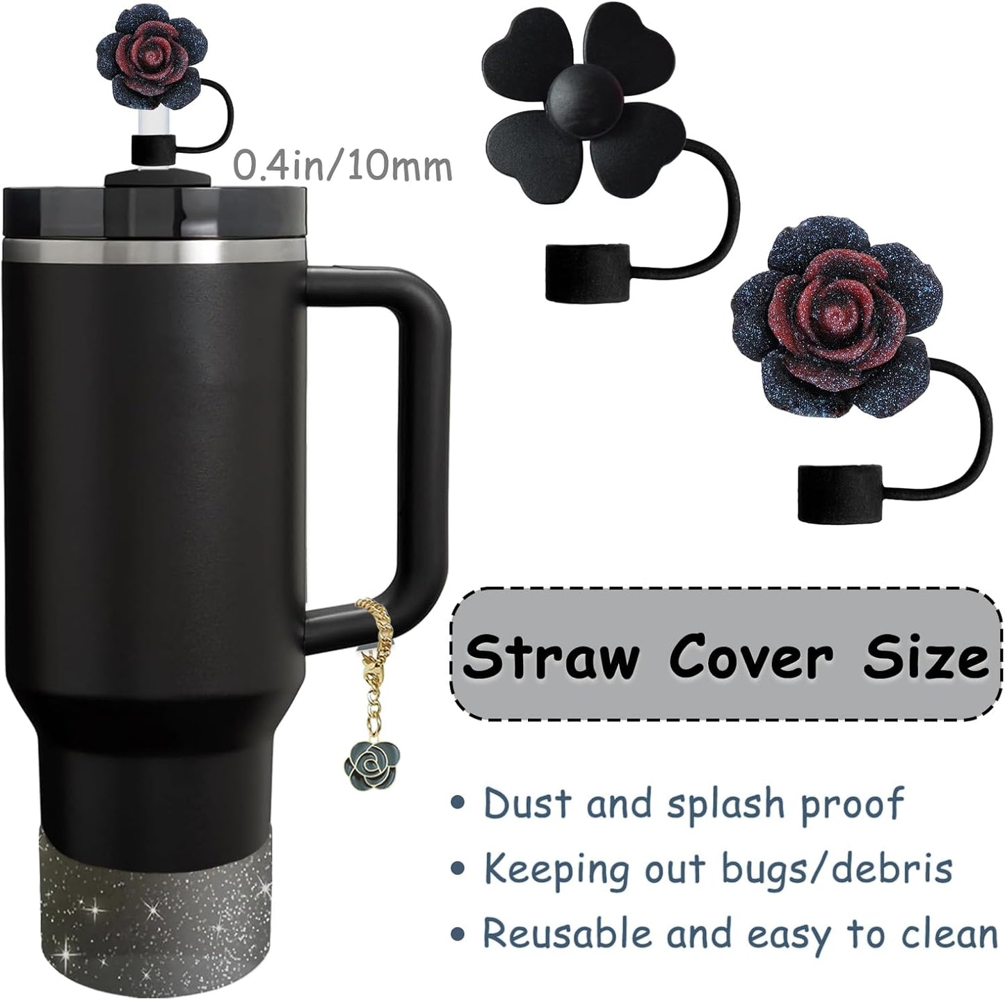 Stanley Cup Accessories Set,Including 2 Pcs 0.4in Straw Cover, 1 Silicone Spill-Proof Stopper Set of 3, 1 Cute Rose Handle Charm, 1 Silicone Boot Fits Stanley 40&30 Oz Tumbler (Black 2.0)