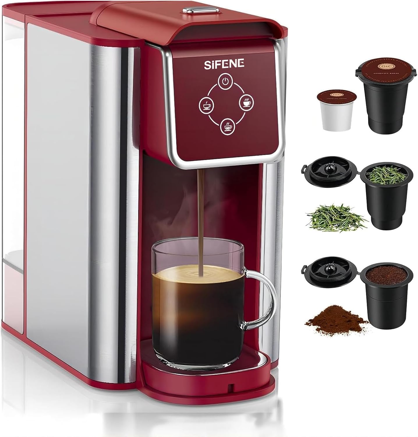 Single Serve Coffee Maker - 3-in-1 K Pod Coffee Machine, Ground, Leaf Tea, 50oz Reservoir, Red