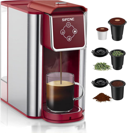 Single Serve Coffee Maker - 3-in-1 K Pod Coffee Machine, Ground, Leaf Tea, 50oz Reservoir, Red