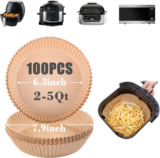 GOAUS Air Fryer 100 Pcs Round Paper Liners Disposable for 2 to 5 Qt Basket, 6.3 inch Unbleached Non-stick Parchment Paper