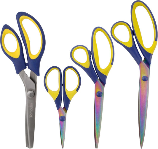 BambooMN Titanium Softgrip Scissors Set - Pinking, Sewing, Arts, Crafts, Office - 10 Sets of 4 - Blue w/Yellow