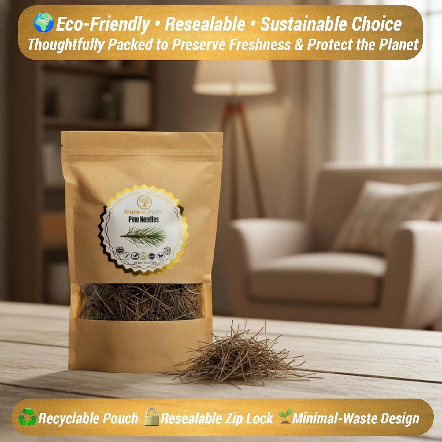 Cure Wid Pure Pine Needle Tea 3.5 Oz – 50 Cups Pine Tea – Wild Harvested from Pakistan in Eco-Friendly Resealable Pouch | Aromatic & Soothing Caffeine-Free Herbal Tea, Antioxidant & Immune Support