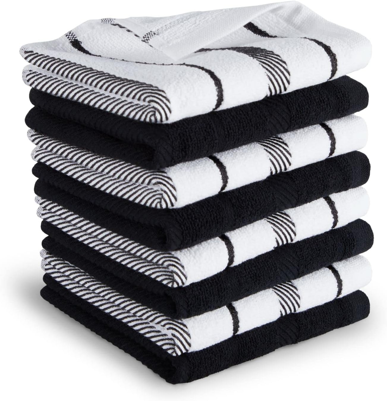 KitchenAid Albany Dishcloth 8 Pack Set, Matte Black/White, 12"x12"