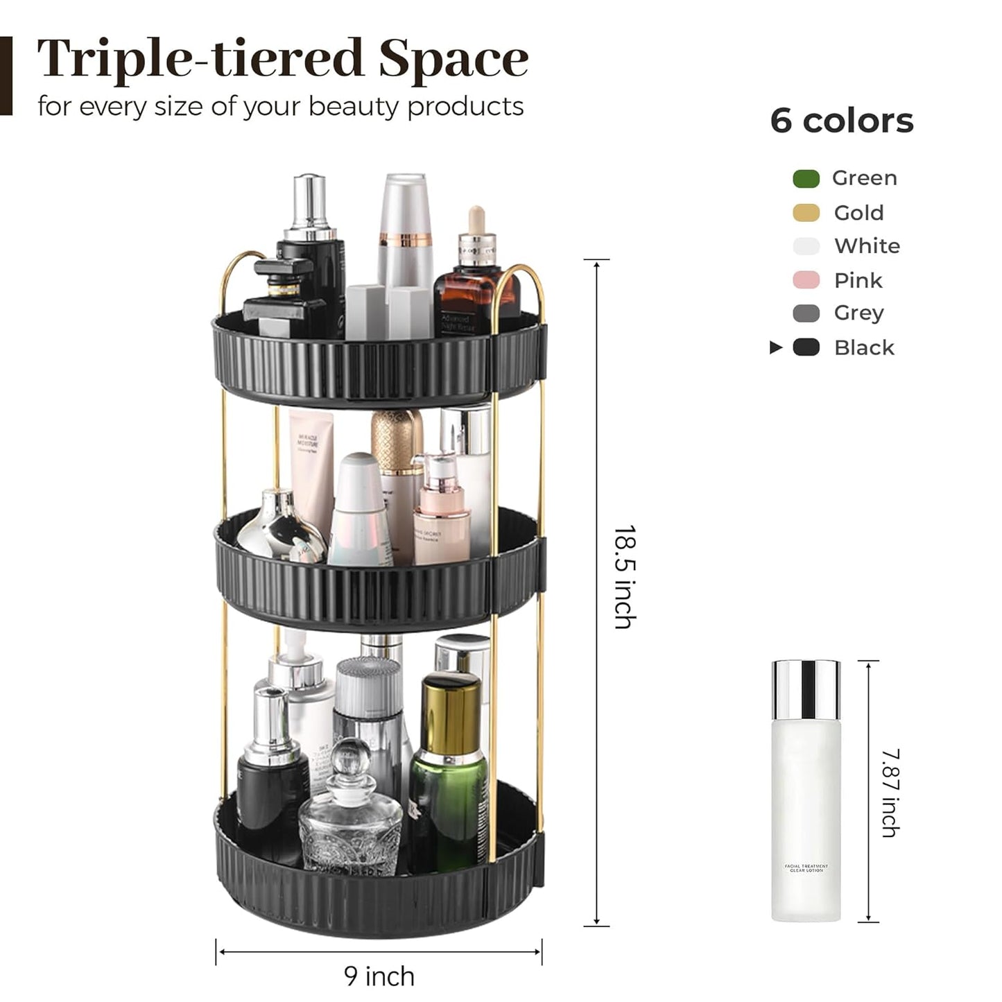 Aveniee 360 Rotating Makeup Organizer for Vanity, Large Spinning Bathroom Counter Organizer Shelf Holder for Cosmetics, Skin Care, Lipsticks,3 Tiers, Black