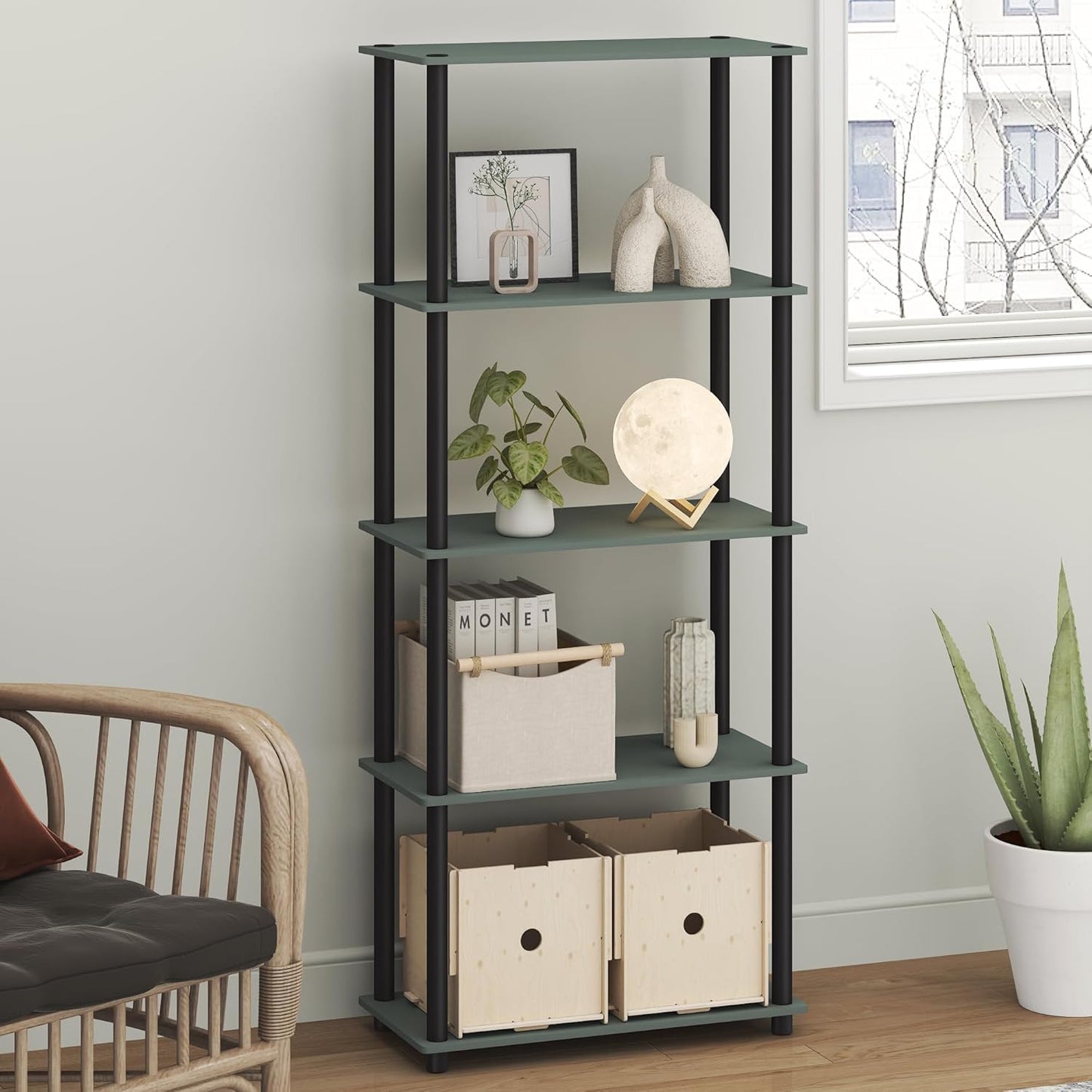 Furinno Turn-N-Tube Storage Shelves, 5-Tier Book Shelf, Corner Shelf, Toolless Open Shelves, for Organization and Storage, Living Room, Garage, Home Office, Sage Green