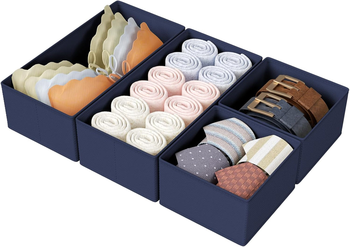 DIMJ Drawer Organizers Clothes, Set of 4 Dresser Organizer Bins, Fabric Closet Organizers and Storage, Shallow Drawer Dividers for Nursery, Clothing, Baby Clothes, Socks, Underwears, Tie (Navy Blue)