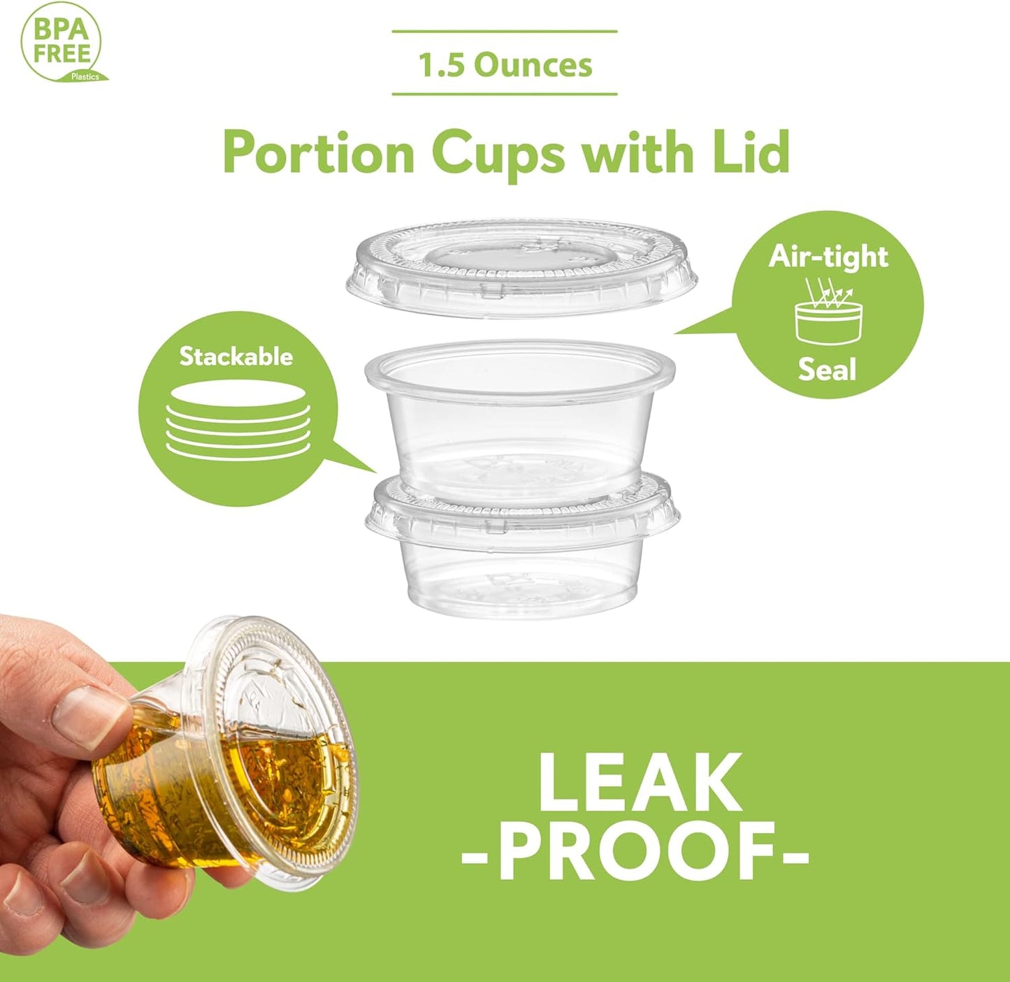 {1.5 oz - 100 Sets} Clear Diposable Plastic Portion Cups With Lids, Small Mini Containers For Portion Controll, Jello Shots, Meal Prep, Sauce Cups, Slime, Condiments, Medicine, Dressings, Crafts, Disposable Souffle Cups & Much more