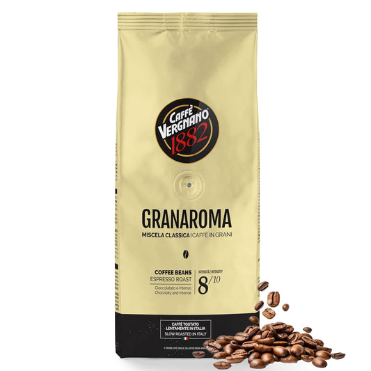 Caffe Vergnano 1882 Gran Aroma Whole Bean Arabica Medium Espresso Roast Coffee, 1.1lbs Bag - Italian Coffee Beans with Rich notes of Cocoa, Spices & Dried Fruit, Intensity 8/10-500g Bag (6 Pack)