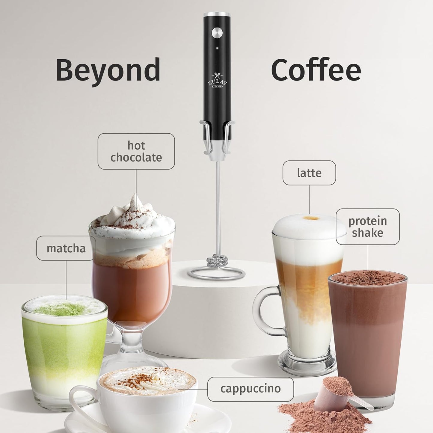 Zulay Kitchen Lux Electric Milk Frother Rechargeable Handheld - Powerful 2-Speed Motor, Waterproof, 2000mAh Battery - Lux Coffee Frother for Protein Powder, Drink Mixer Wand & Matcha Mixer