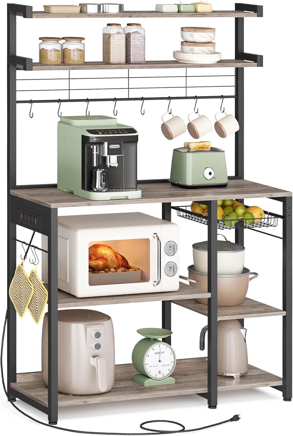 VASAGLE Bakers Rack with Power Outlet, 35.4 Inches Microwave Stand, Coffee Bar, 4 AC Outlets, with Adjustable Shelves, 8 S-Hooks, Basket, Spice Racks, Heather Greige and Ink Black UKKS031K02