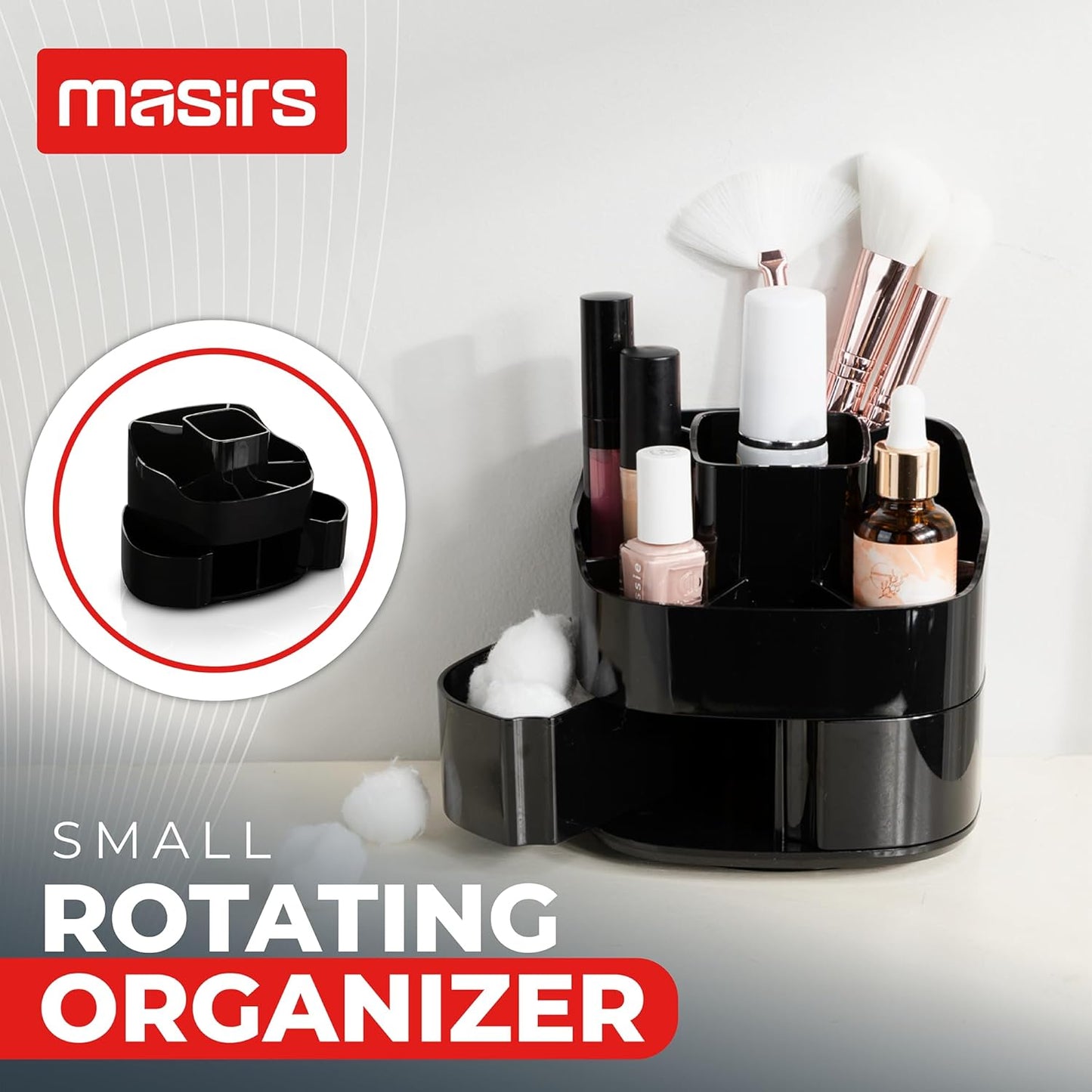Masirs Small Rotating Makeup Organizer - Mini Yet Spacious Cosmetic Storage Solution with Multiple Compartments - The Perfect Spinning Make-Up Caddy for Vanity or Bathroom Counter (Square - Black)