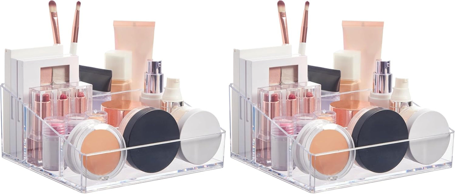 STORi Clear Plastic Small Countertop Vanity Makeup Organizer, Compact Rectangular 4-Compartment Holder for Brushes, Eyeshadow Palettes, & Beauty Supplies, Made in USA (Pack of 2)