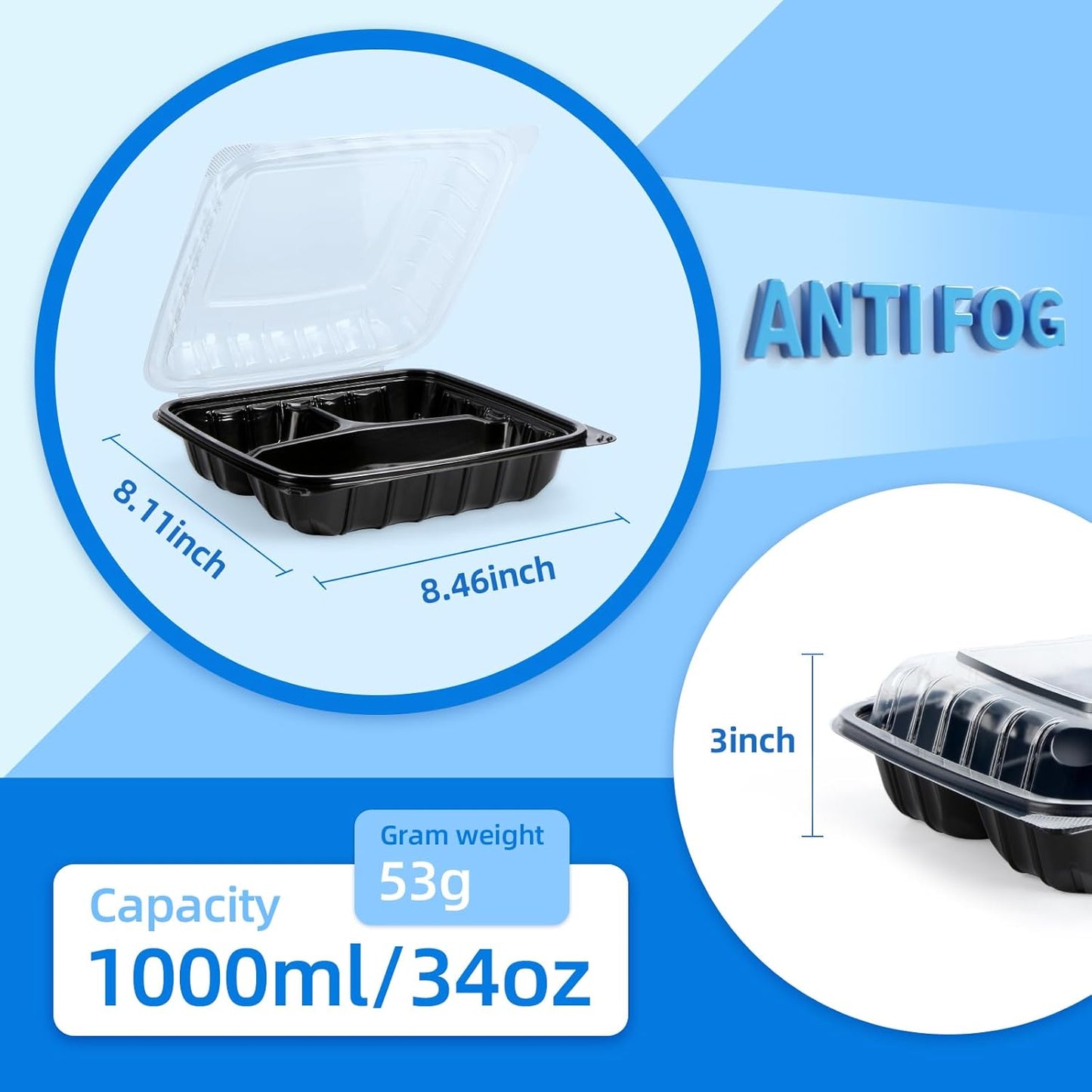 YANGRUI Plastic Containers 8" 34 oz 25 Pack - Reusable Anti Fog Crystal Lid | BPA Free PP Freezer & Microwave Safe Shrink Wrap To Go Box | Black Restaurant Hotel Grade 3 Compartment Takeout Container