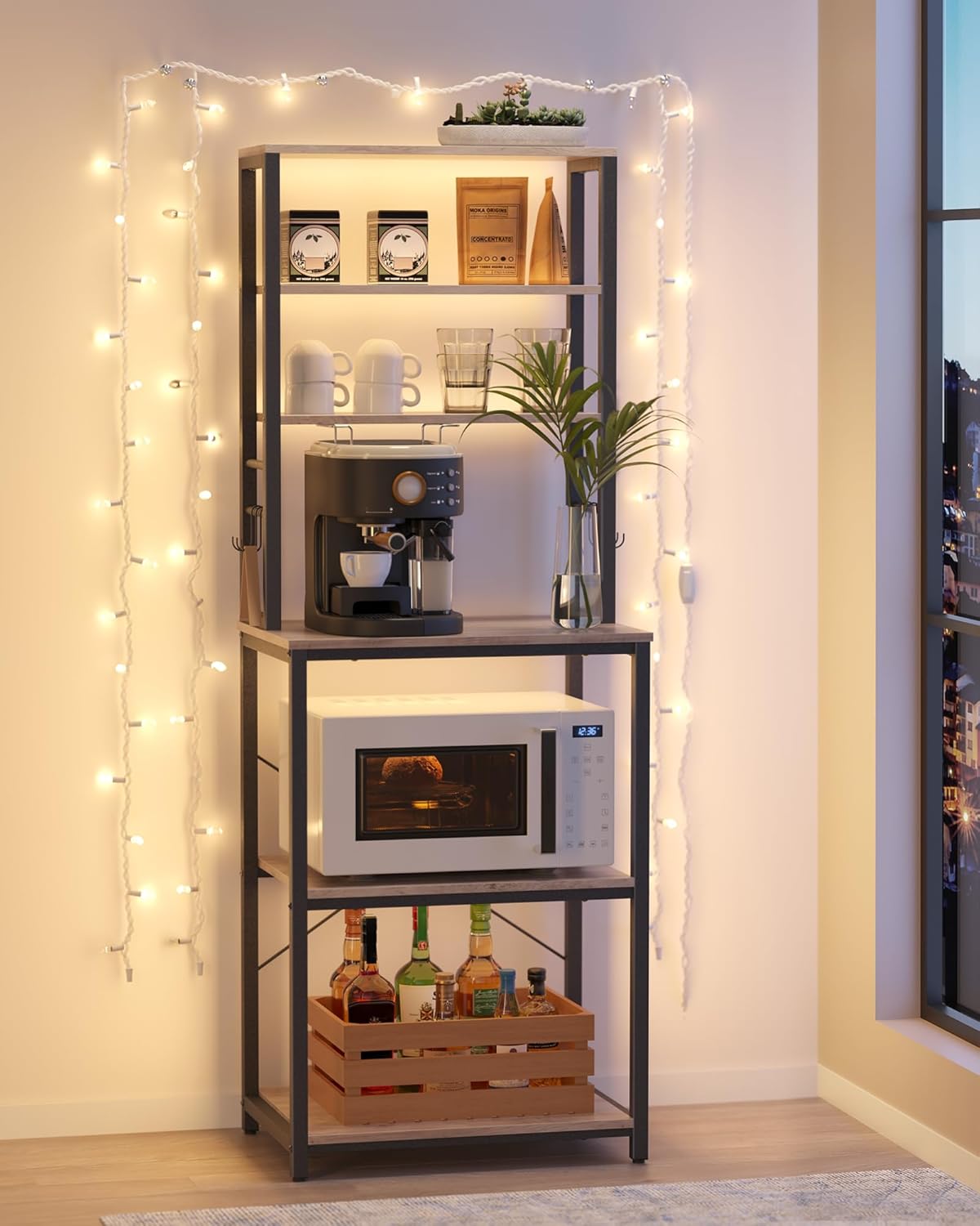 VASAGLE Coffee Bar, Baker’s Rack for Kitchen with Storage, 6-Tier Kitchen Shelves with 6 Hooks, Microwave Stand, Industrial, 15.7 x 23.6 x 65.7 Inches, Greige and Black UKKS024B02