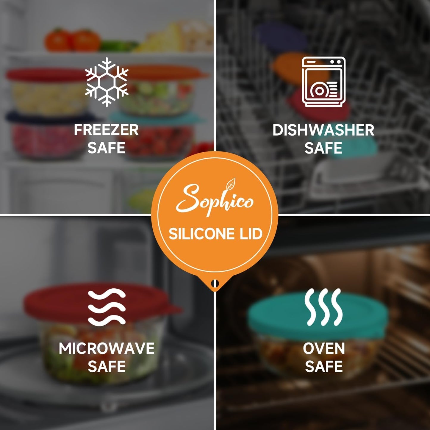 Sophico Sophico Round Silicone Storage Cover Lids Replacement for Anchor Hocking and Pyrex 7402-PC 6/7 Cup Glass Bowls (Container not Included) (Red-Orange, 4 pack)