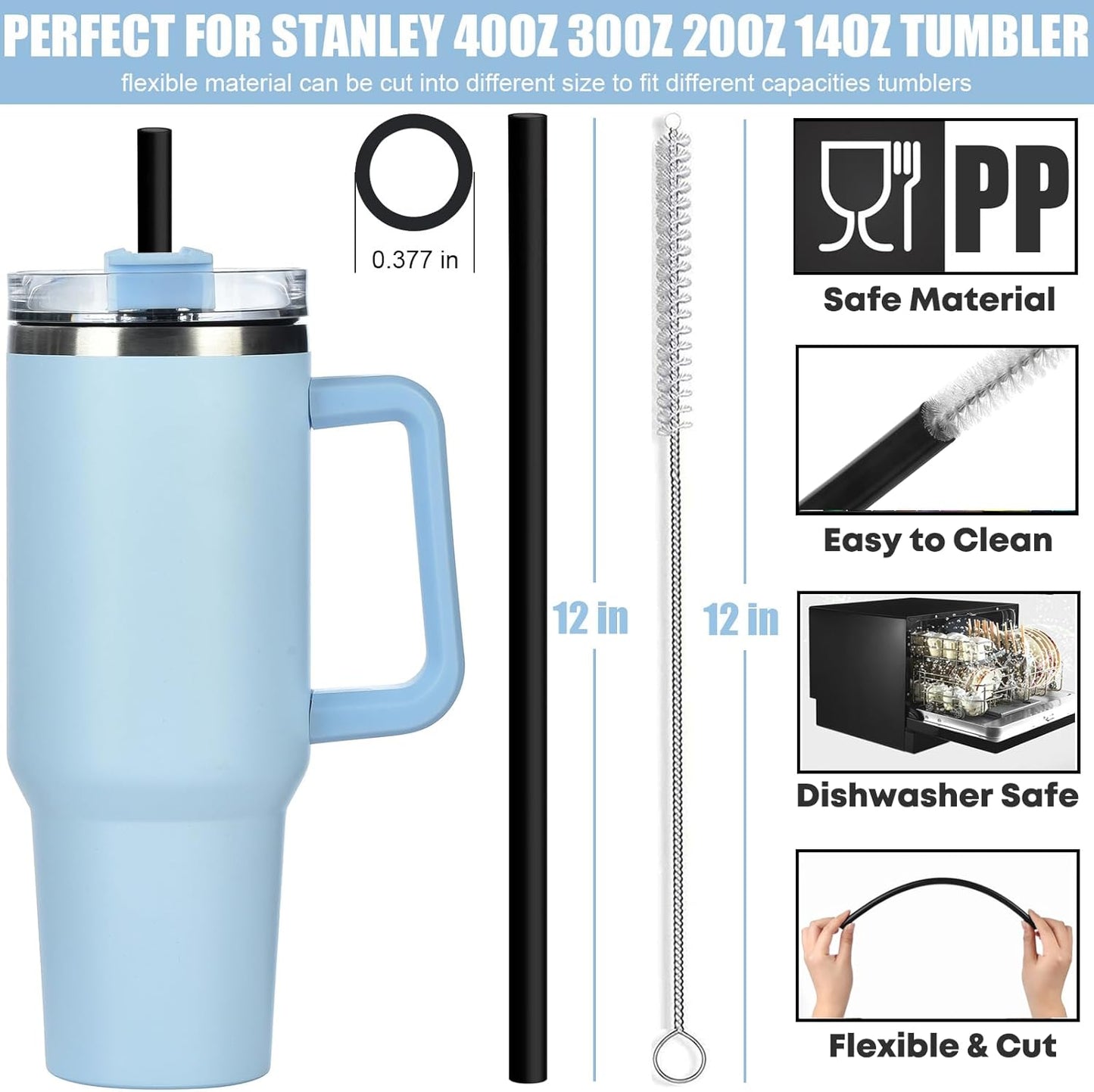 [DISHWASHER SAFE] 6 Pack Black Replacement Straws for Stanley 40 oz 30 oz Cup Tumbler, 12 inch Long Reusable Plastic Straws with Brush for Stanley, Owala, Yeti Tumbler, BPA FREE