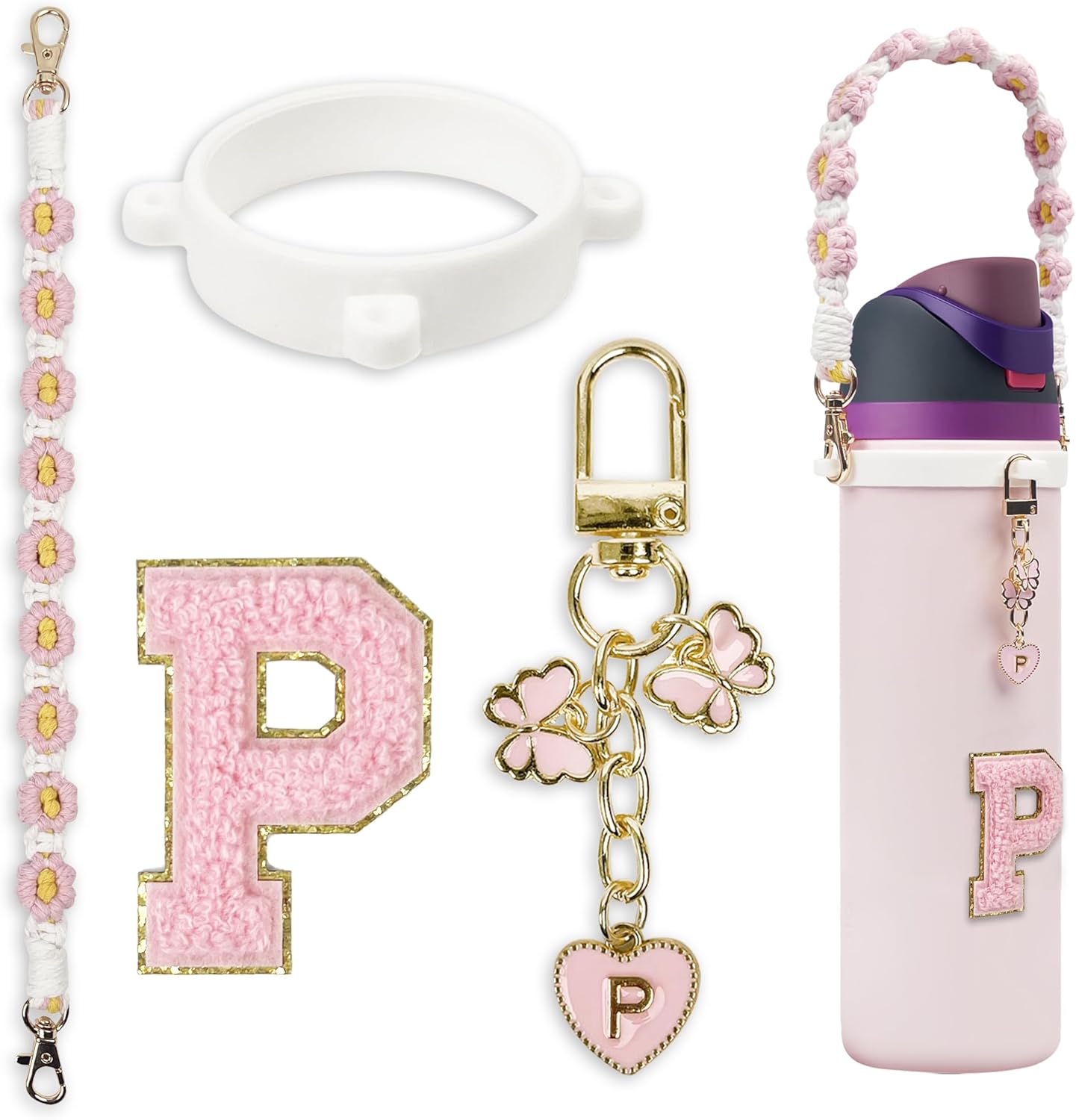 Cute Letter Charm Set Compatible with Owala Water Bottle 24 oz, 32 oz, 40 oz, Owala Kids, Owala Coffee Tumbler, Owala FreeSip – Includes Handle Strap, for Owala Accessories & Stanley Cup Accessories