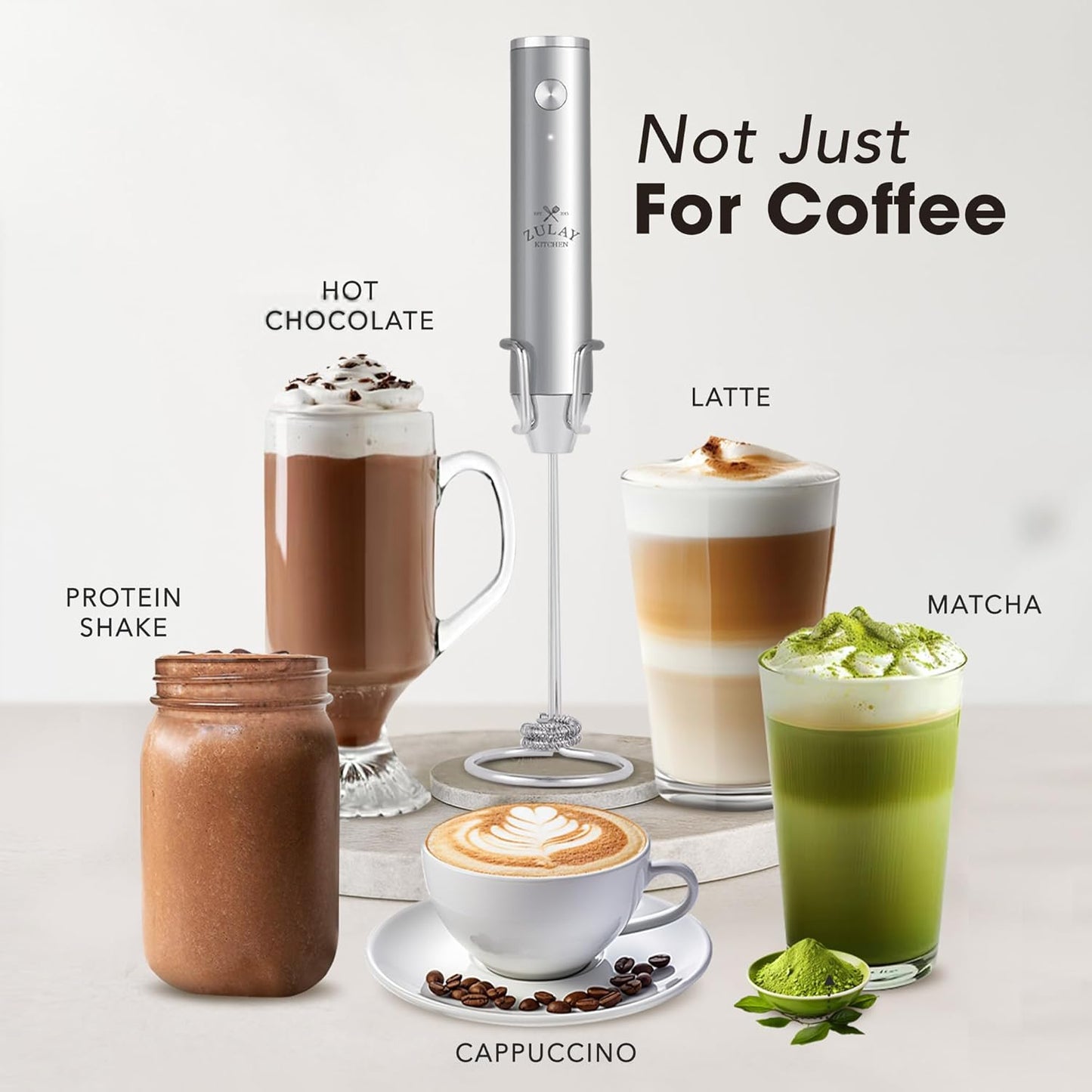 Zulay Kitchen Lux Rechargeable Milk Frother Handheld, 4 Included Whisks - Powerful 2-Speed Motor, Fully Waterproof, 2000mAh Battery - Drink Mixer For Latte, Cappuccino, Matcha, Protein Powder