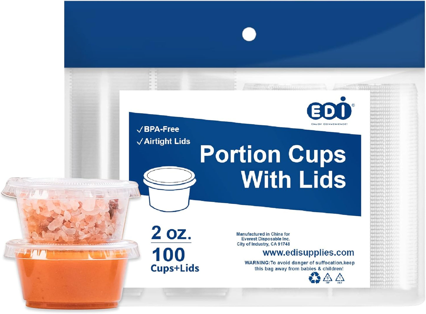 EDI Clear Disposable Plastic Portion Cups with Leakproof Lids | 2 Oz, 100 Sets | BPA Free, Recyclable Jello & Dipping Sauce Cups