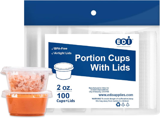 EDI Clear Disposable Plastic Portion Cups with Leakproof Lids | 2 Oz, 100 Sets | BPA Free, Recyclable Jello & Dipping Sauce Cups