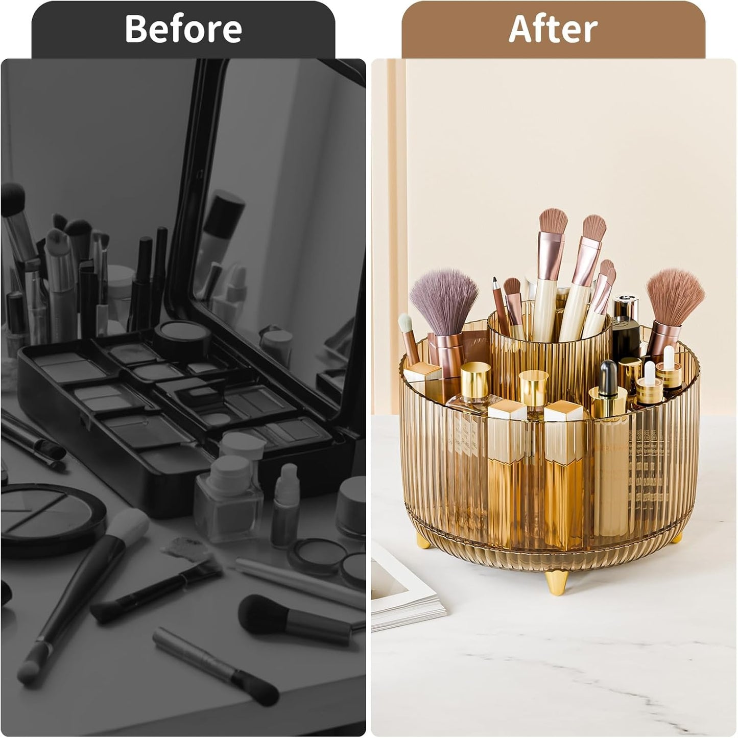 360° Rotate Makeup Brush Holder Organizer, Makeup Organizers Countertop, Makeup organization and Skincare Storage for Vanity, Desktop, Bathroom (Clear Amber)