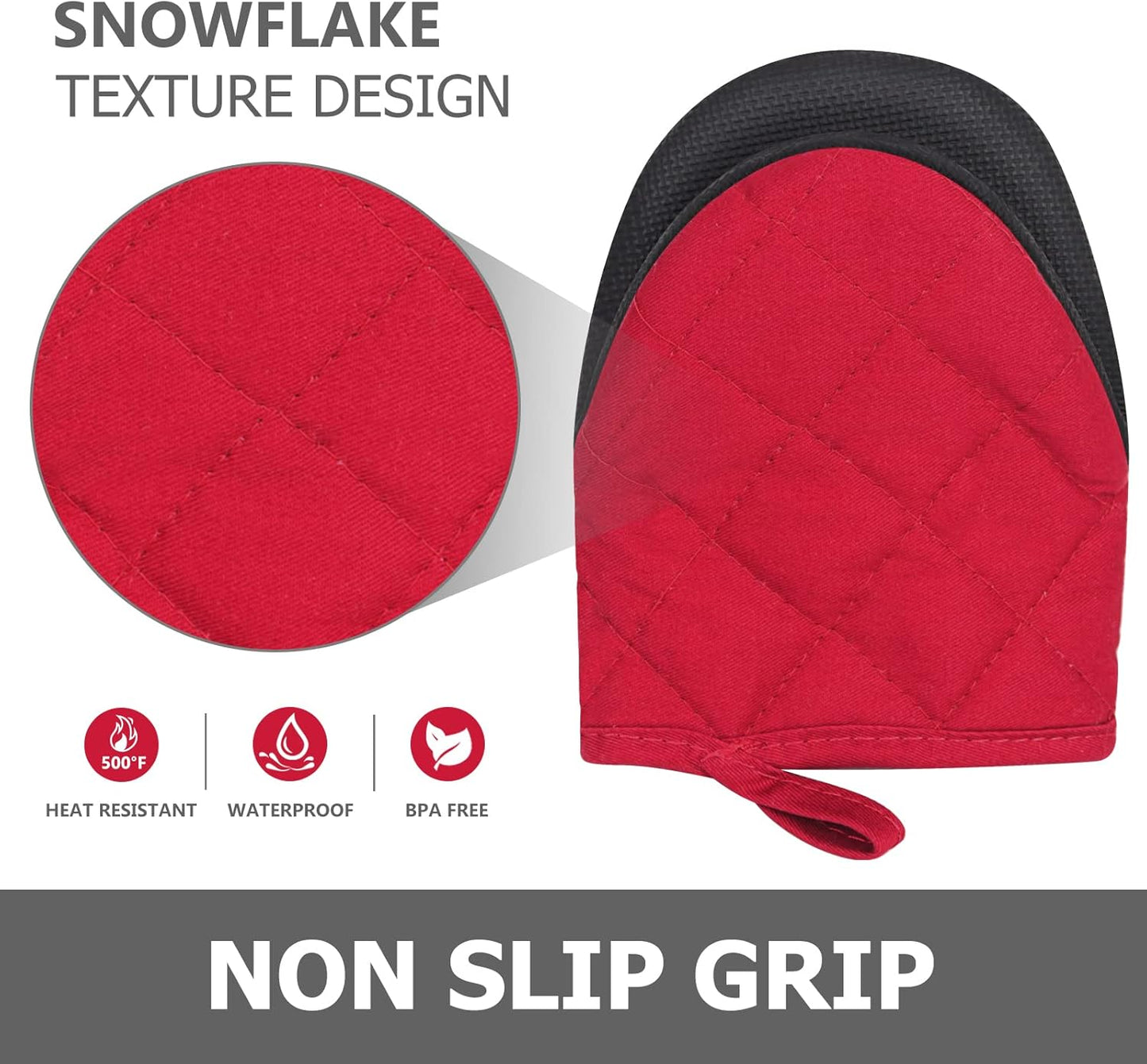 1 Pair Short Oven Mitts, Heat Resistant Silicone Kitchen Mini Oven Mitts for 500 Degrees, Non-Slip Grip Surfaces and Hanging Loop Gloves, Baking Grilling Barbecue Microwave Machine Washable