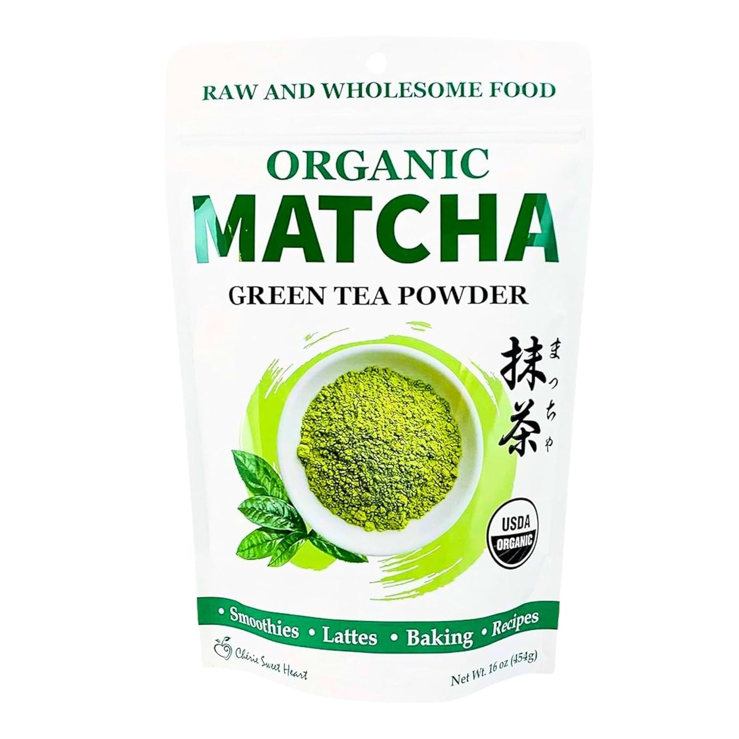 Cherie Sweet Heart Organic Matcha Green Tea Powder - Premium Culinary Grade, Authentic Japanese Origin, Antioxidant-Rich, Gluten-Free, Vegan – Perfect for Lattes, Cooking, Baking & Smoothies – 16oz Resealable Bag