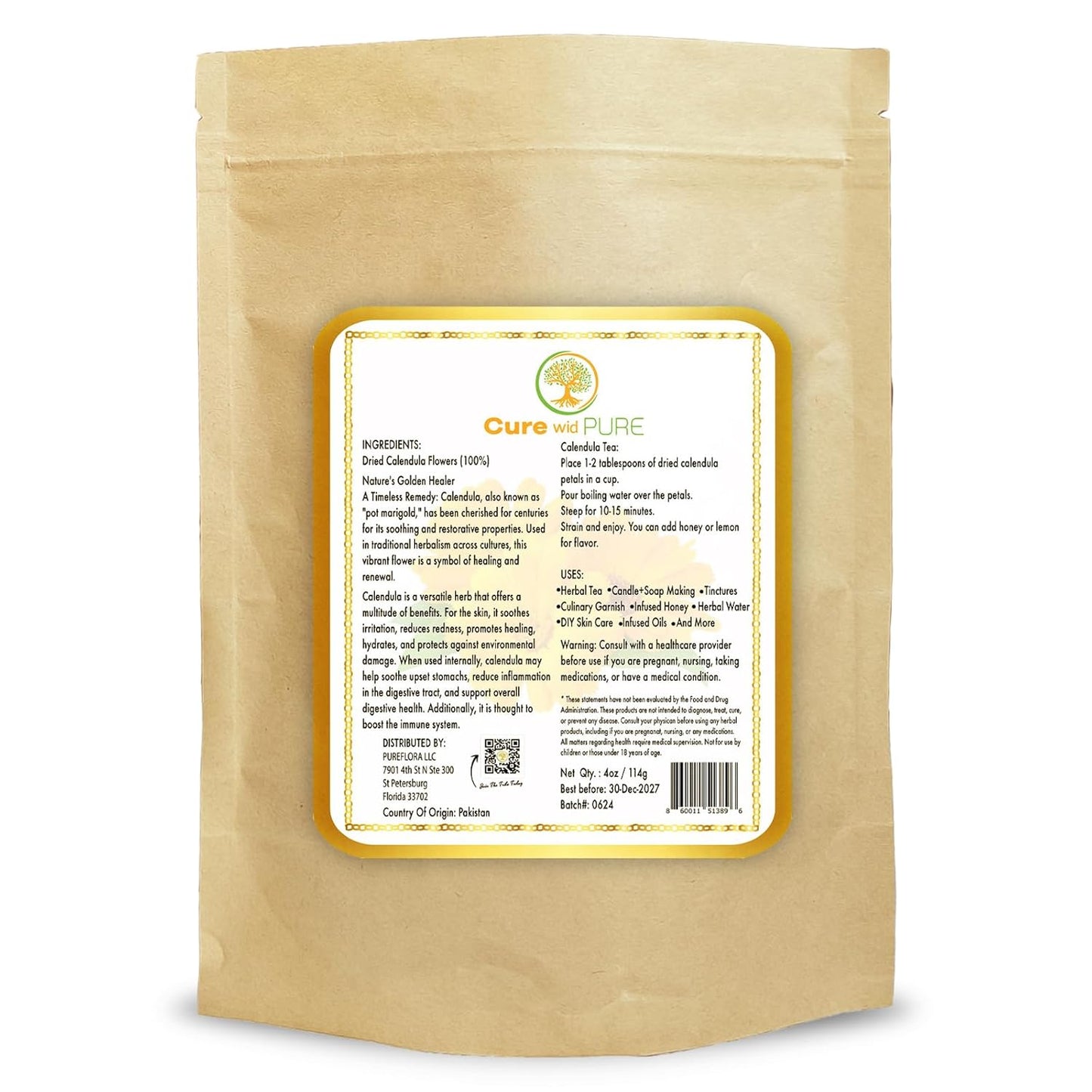 Cure Wid Pure Certified Organic Dried Calendula Flowers | 4 oz Resealable Pack Whole Organic Calendula Flowers for Skincare,DIY Remedies & Herbal Tea | Vibrant Color & Aromatic Dried Marigold Flower