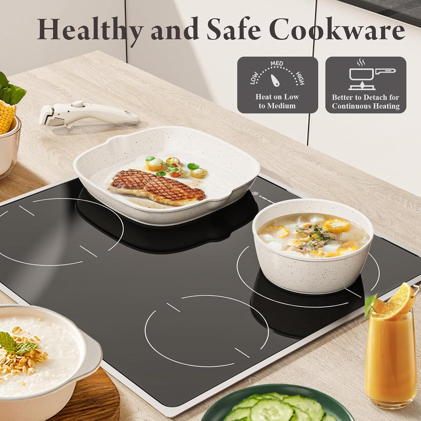 19 Pcs Pots and Pans Set Non Stick Ceramic Cookware Set with Removable Handles, Non Toxic Induction Kitchen Cookware Sets RV Cookware,Dishwasher/Oven Safe PFAS/PTFE/PFOA Free Cream White