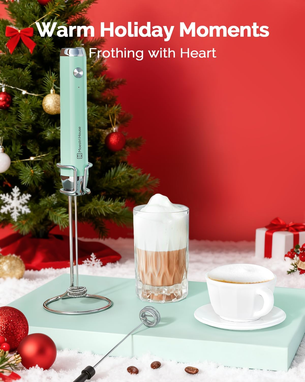 Maestri House Rechargeable Milk Frother with Stand, Handheld Electric Foam Maker Waterproof Detachable Stainless Steel Whisk Drink Mixer Foamer for Lattes, Cappuccino (Soft Aqua(Gift Box))