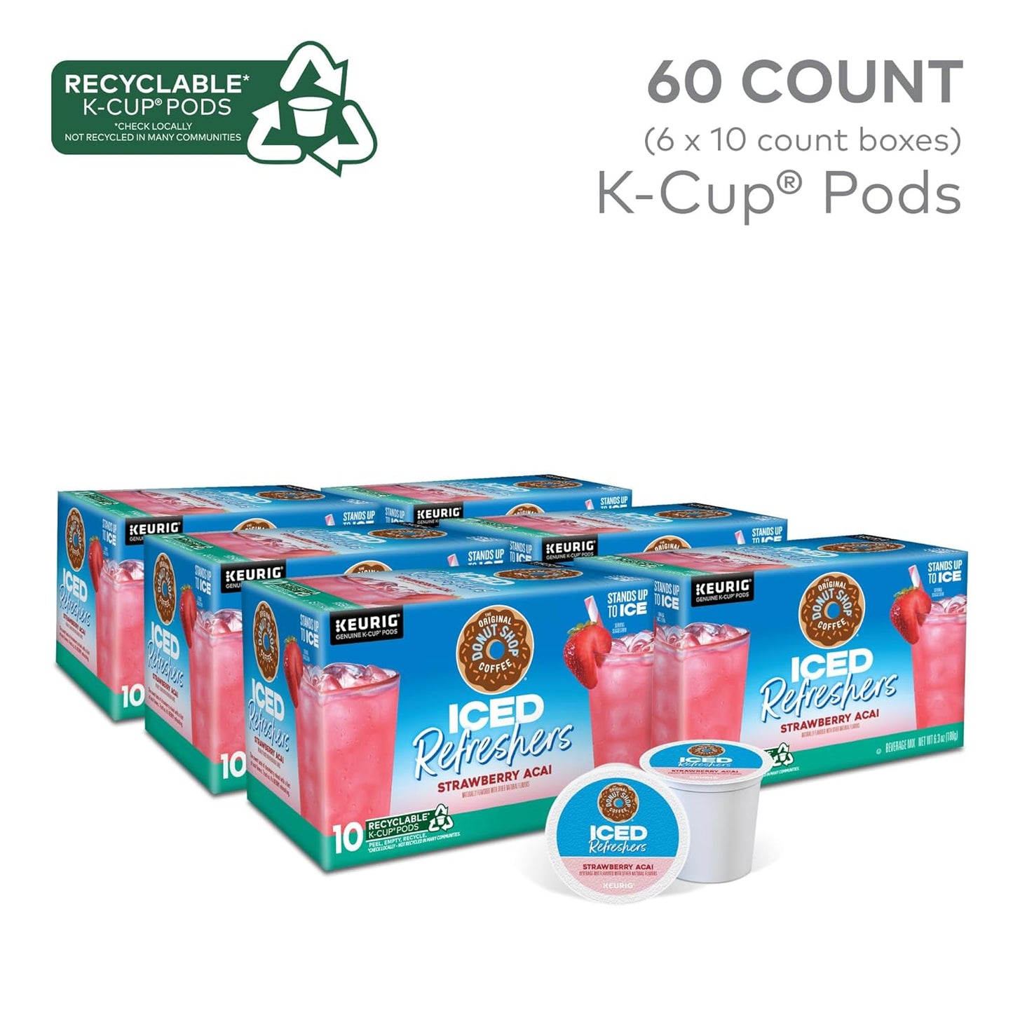 The Original Donut Shop Iced Refreshers, Strawberry Açaí Flavor, Keurig Single Serve K-Cup Pods, 60 Count (6 Packs of 10)