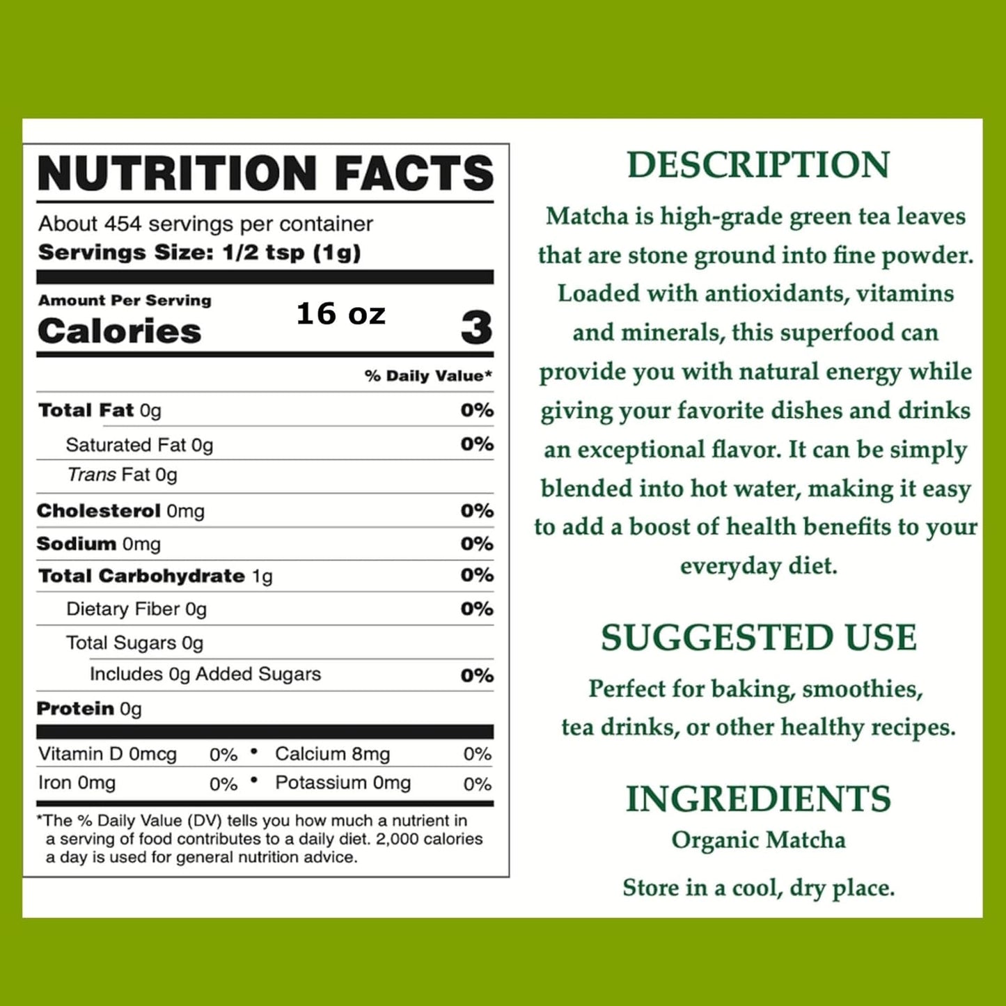 Cherie Sweet Heart Organic Matcha Green Tea Powder - Premium Culinary Grade, Authentic Japanese Origin, Antioxidant-Rich, Gluten-Free, Vegan – Perfect for Lattes, Cooking, Baking & Smoothies – 16oz Resealable Bag