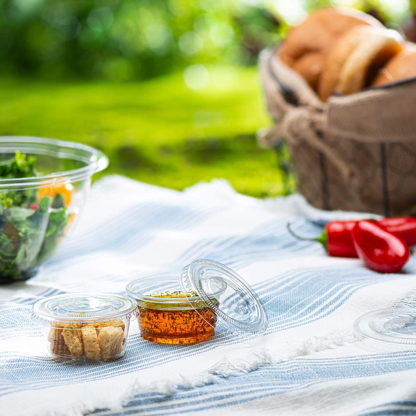 Portion Cups with Lids (2 Ounces, 100 Pack) | Disposable Plastic Cups for Meal Prep, Portion Control, Salad Dressing, Jello Shots, & Medicine | Small Plastic Condiment Container