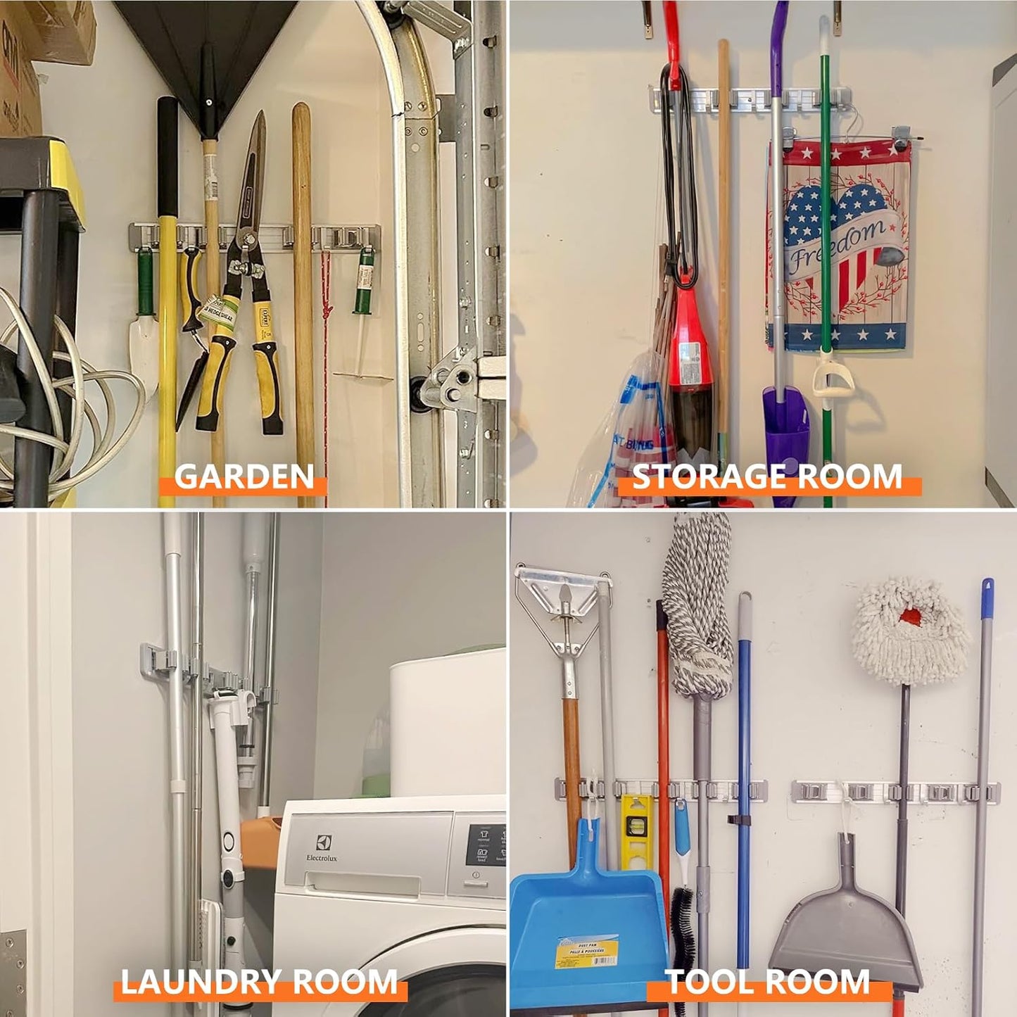 reliahom Broom Holder Wall Mount Mop and Broom Hanger Wall Mounted Garage Storage Rack Kitchen Garden Tool Organizer (5 Racks with 4 Hooks, Silver)