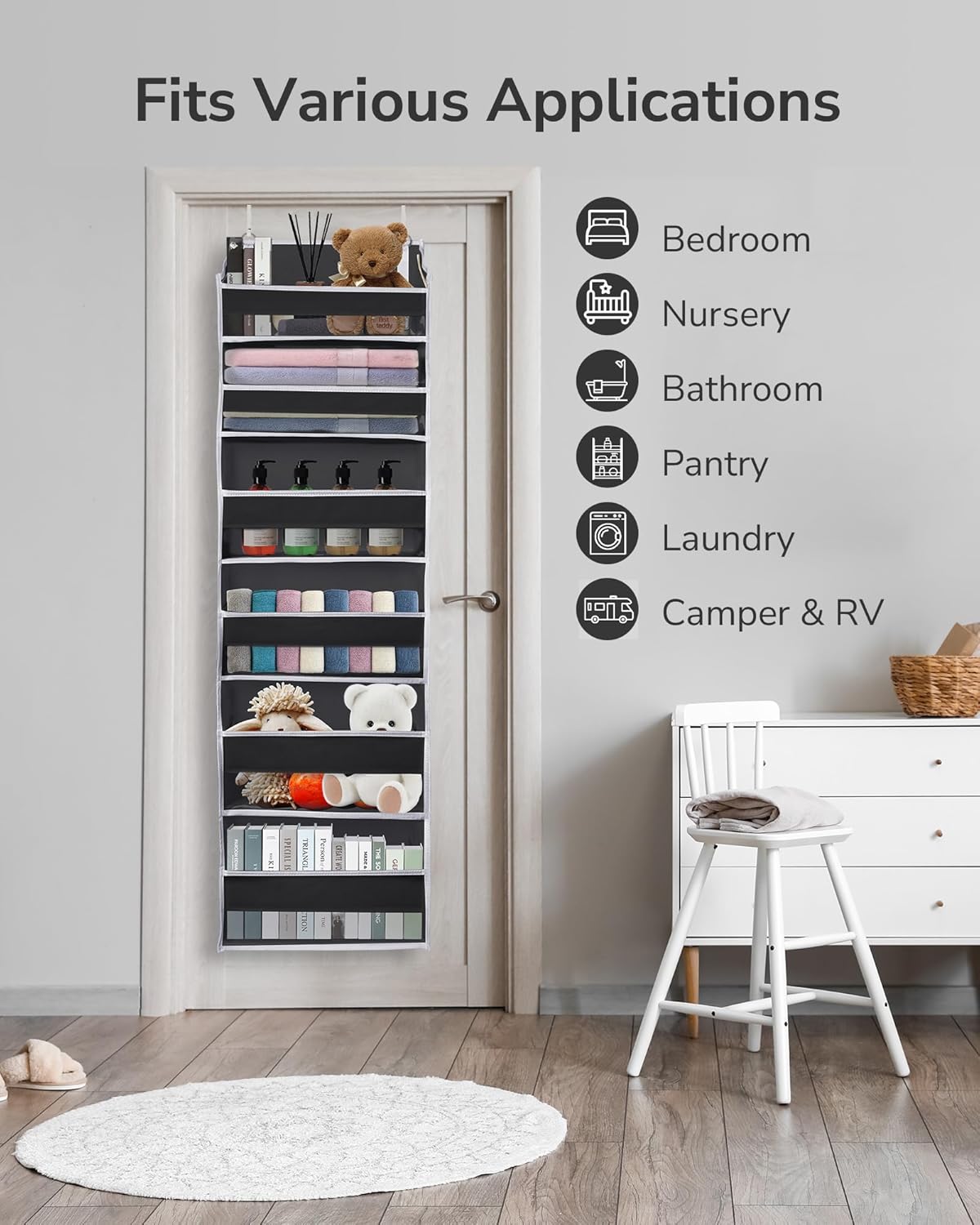 ULG Over The Door Organizer with 6 Large Pockets 12 Side Pockets, 50lbs Weight Capacity Door Hanging Organizer for Bedroom, Bathroom Black