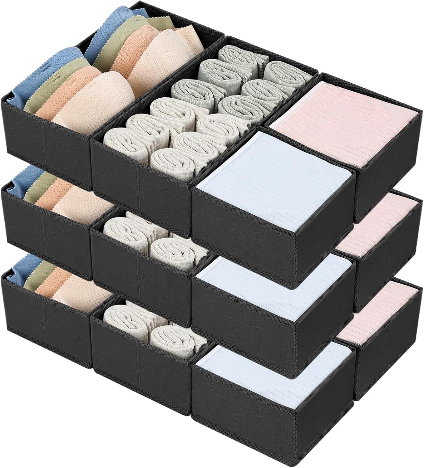 DIMJ Drawer Organizers, Set of 12 Clothes Drawer Organizer, Foldable Closet Drawer Organizer, Dresser Drawer Organizers Dividers for Baby Clothes, Socks, Belt, Tie (Black)