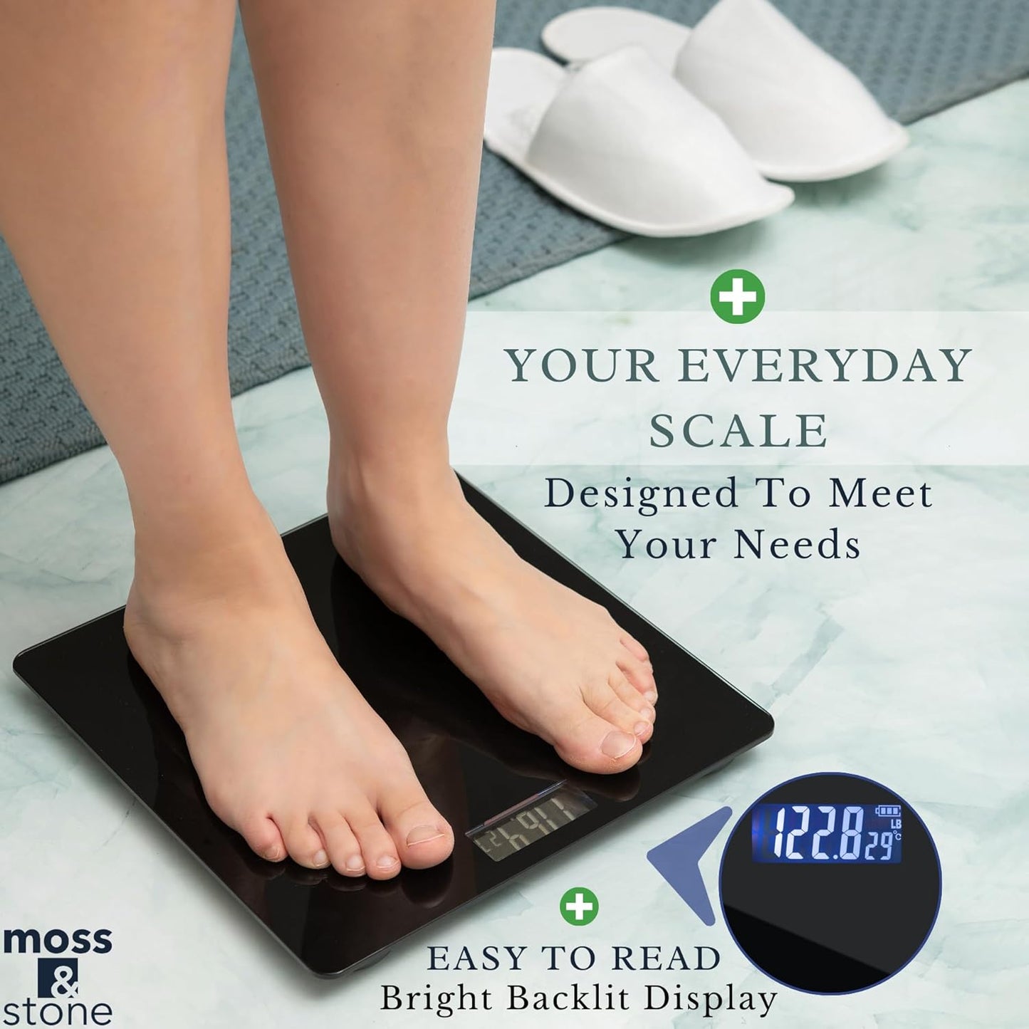 Moss & Stone Black Digital Bathroom Scale for Body Weight, Smart Step-On Technology, Backlit LCD Display, High Accuracy Weight Scale 400lb/180kg, Glass Slim Design, Auto On/Off, Home Use