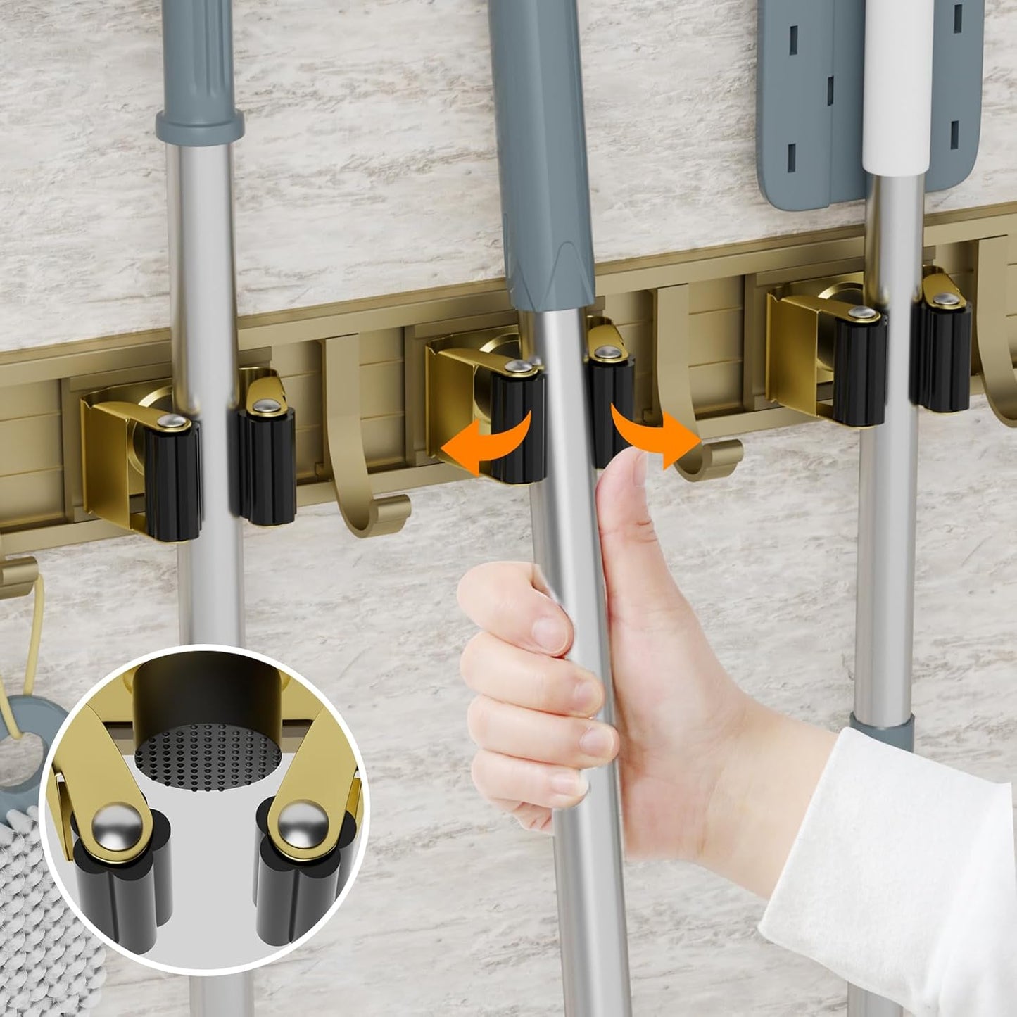 reliahom Broom Holder Wall Mount Mop and Broom Hanger Wall Mounted Garage Storage Rack Kitchen Garden Tool Organizer (5 Racks with 4 Hooks, Bronze)