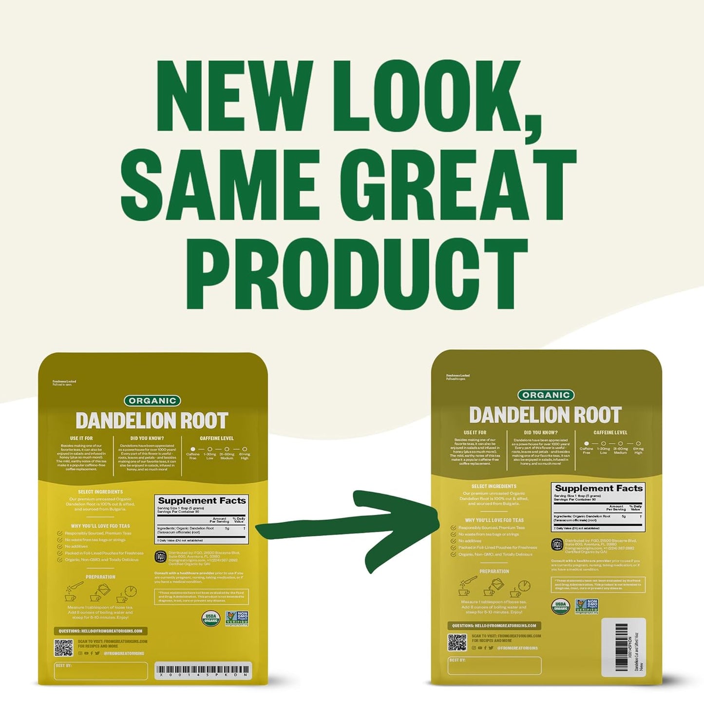 FGO Organic Dandelion Root Loose Tea, Cut and Sifted, Caffeine Free, 16oz Bulk Resealable Bag, Packaging May Vary (Pack of 1)