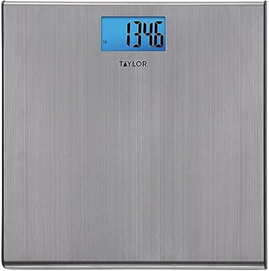 Taylor Digital Scales for Body Weight, Extra-High 440 lb Capacity, Thin Profile, Unique Blue LCD, Glass Platform, 12.2 x 12.2 Inches, Stainless Steel